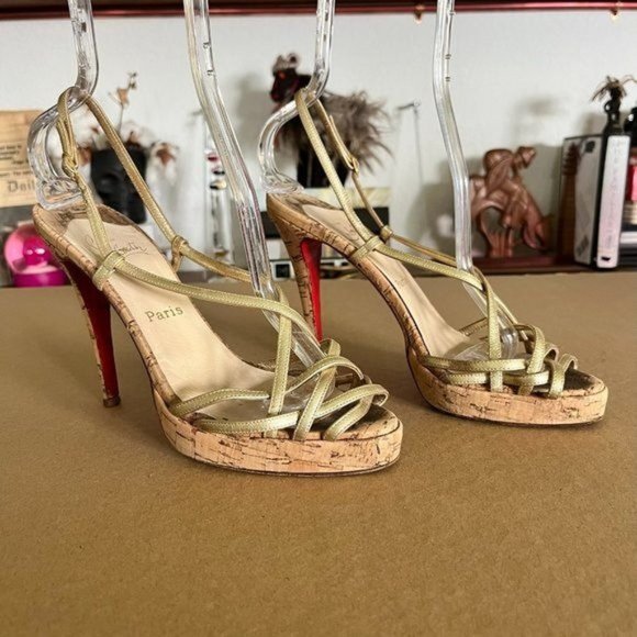 Christian Louboutin Gold Metallic Leather Night Cage Zeppa Cork Sandals - Picture 1 of 8